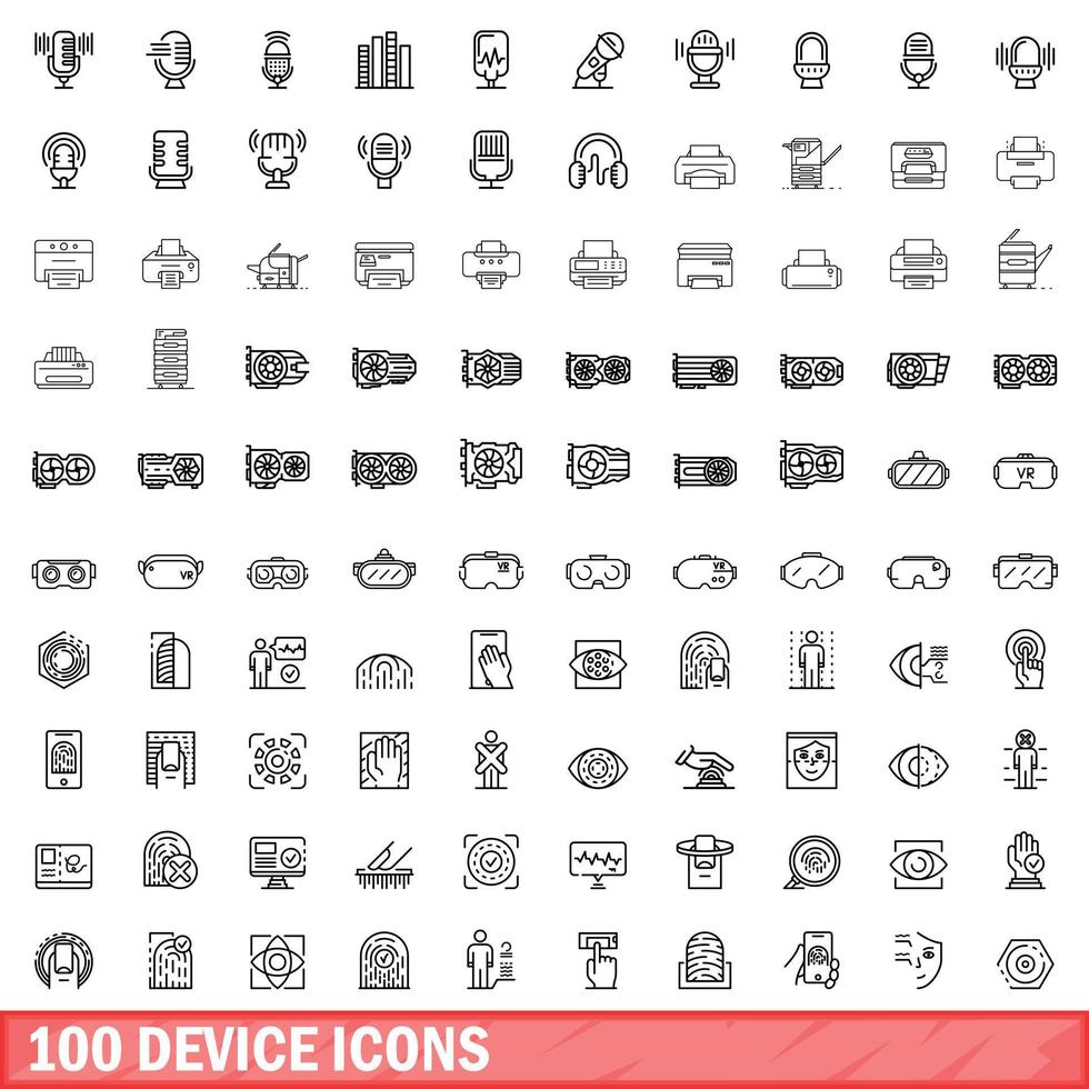 100 device icons set, outline style vector