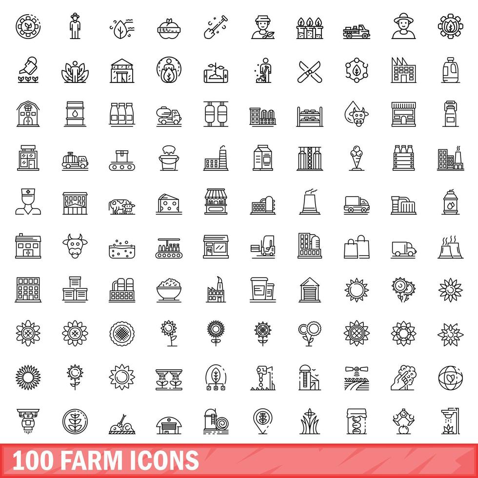 100 farm icons set, outline style vector