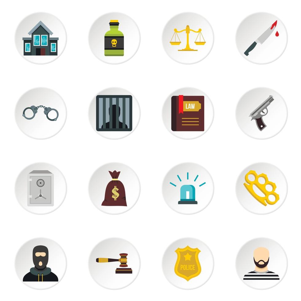 Crime and punishment icons set, flat style vector