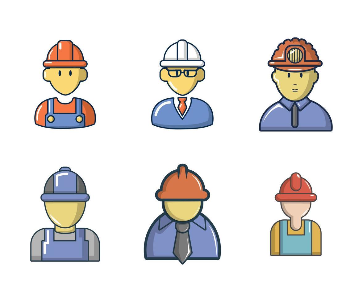 Construction worker icon set, cartoon style vector