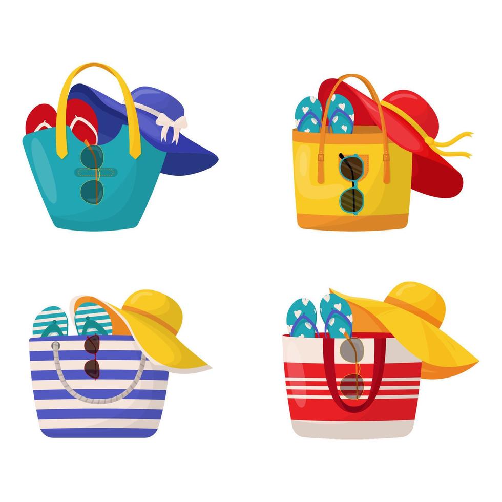 conjunto de coloridos bolsos de verano para mujer con accesorios de playa. conjunto de elementos de diseño de verano. vector