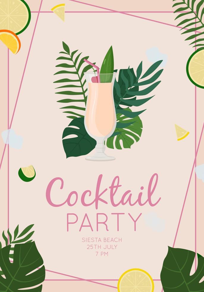 Summer alcoholic drink, tropical cocktail. Pina colada. Beach party concept. Beautiful greeting card, invitation for summer party. Flat vector illustration.