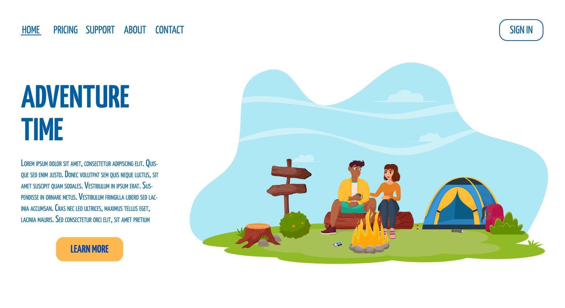 A young couple is sitting by a campfire in nature. Summertime camping, hiking, camper, adventure time concept. Flat vector illustration for poster, banner, flyer