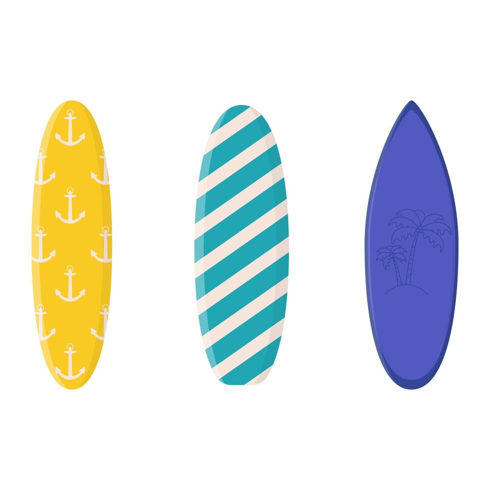 Collection of cartoon surfing boards with summer design. Summer sport leisure activity, holiday equipment. Flat vector illustration