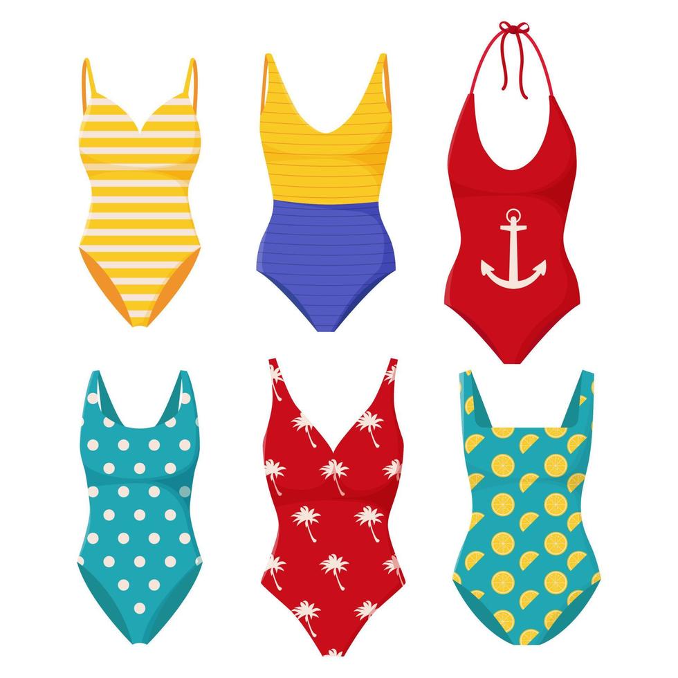 Collection of women's swimwear. Set of fashionable swimsuits. Women's swimsuits for summer vacation. vector