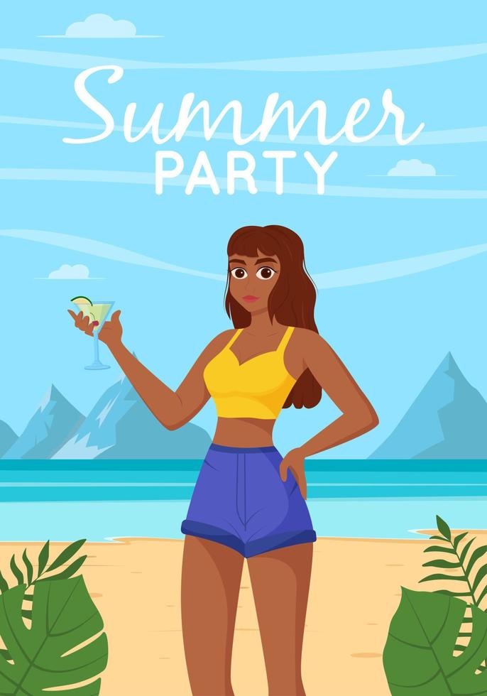 Beautiful woman drinks refreshing cocktail. Exotic tropical plants. Summer beverage and drink concept. Flat vector Illustration