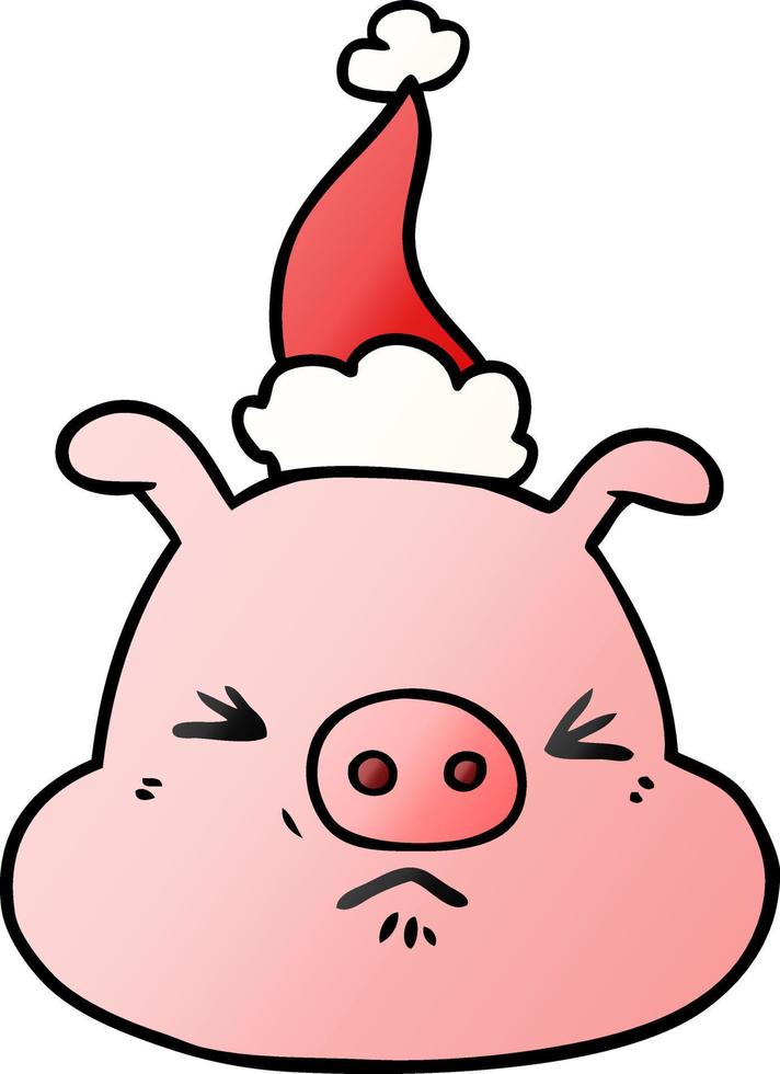 gradient cartoon of a angry pig face wearing santa hat vector
