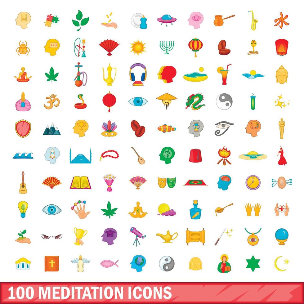 100 iconos de meditación, estilo de dibujos animados vector