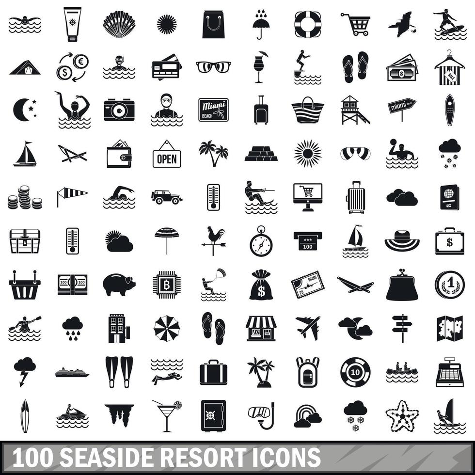 100 seaside resort icons set, simple style vector