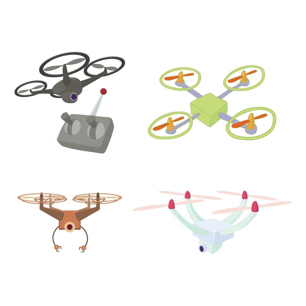 Drone icon set, cartoon style vector