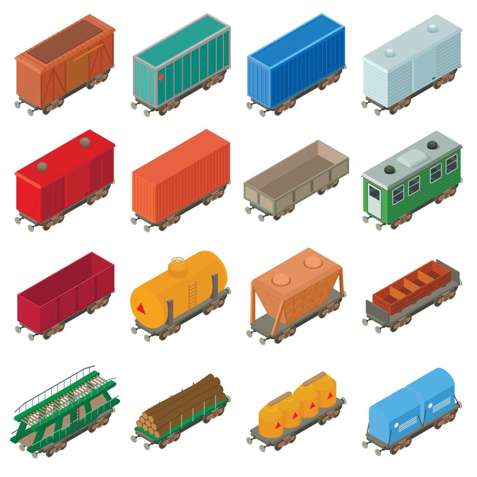 conjunto de iconos de vagones de ferrocarril, estilo isométrico vector
