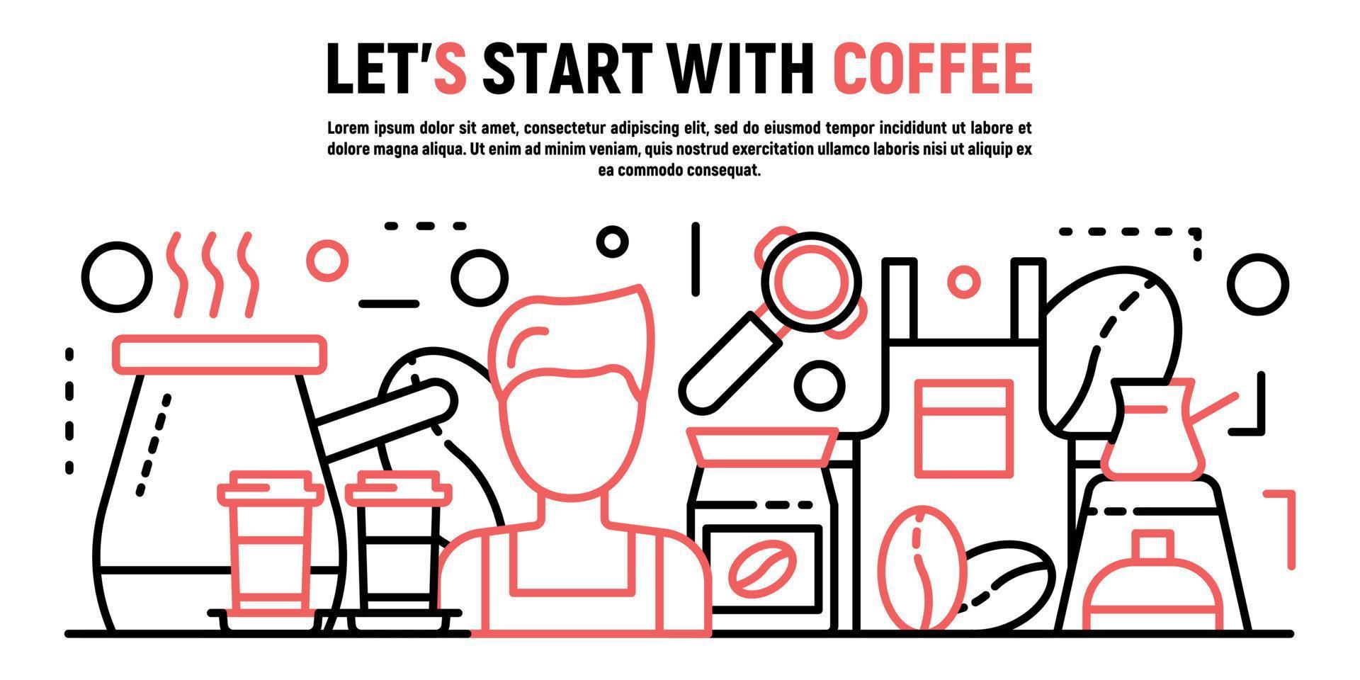 Start day with coffee banner, outline style vector