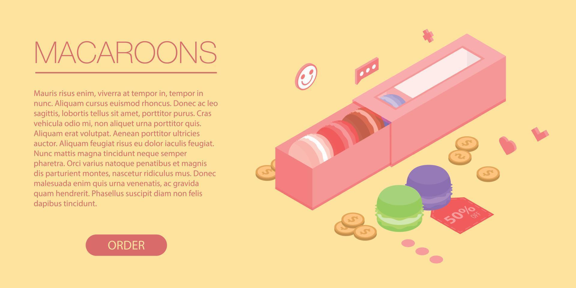 Macaroons red box banner, isometric style vector