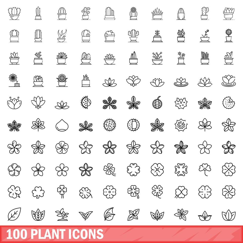 100 iconos de plantas, estilo de esquema vector