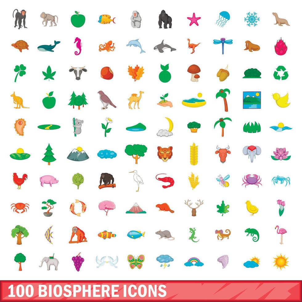 100 biosphere icons set, cartoon style vector