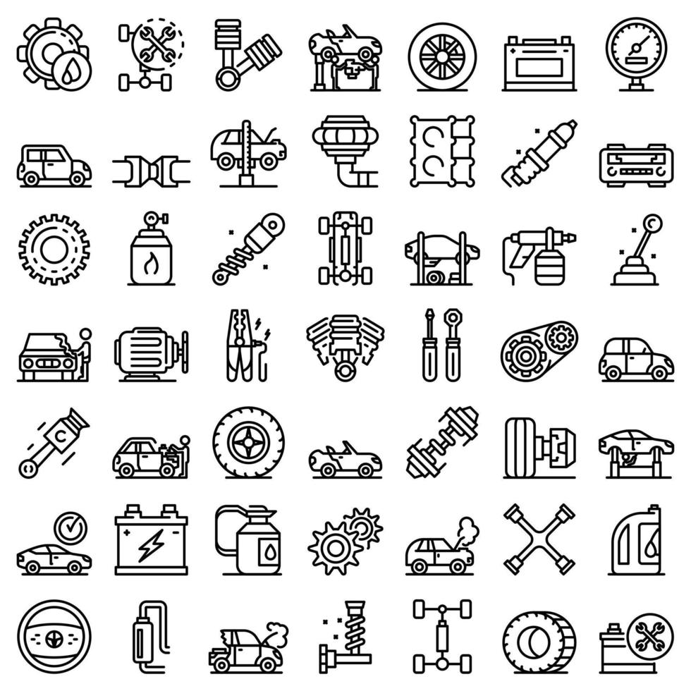 conjunto de iconos mecánicos de automóviles, estilo de esquema vector