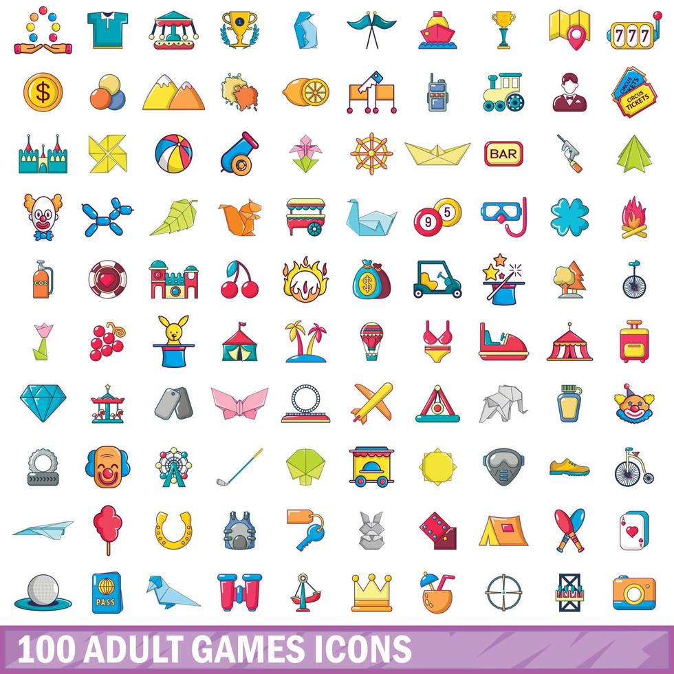 100 adult games icons set, cartoon style vector