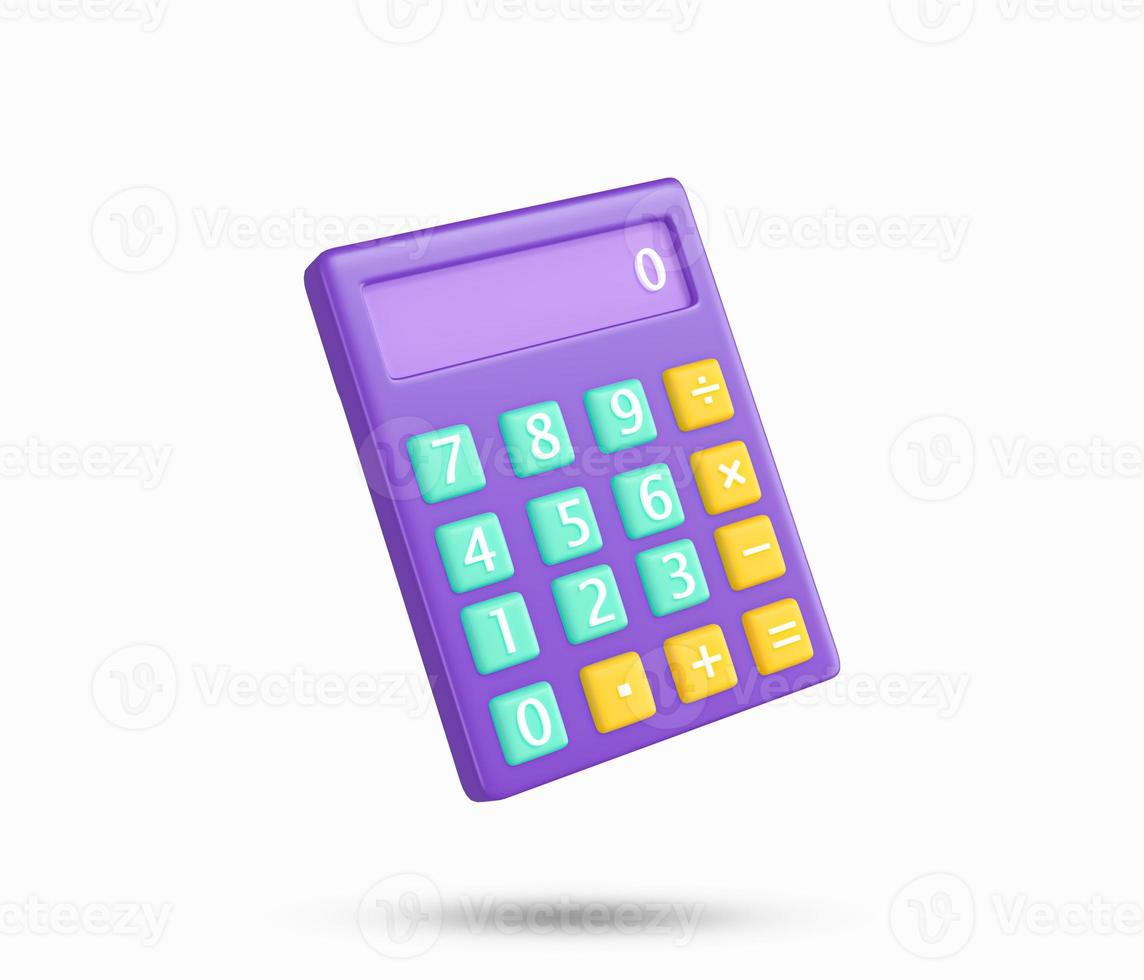 Calculator 3d icon. Purple digital calculator on the top view white background. Calculating, Accounting, financial analytics, bookkeeping, budget calculation symbol. 3d rendered illustration. photo