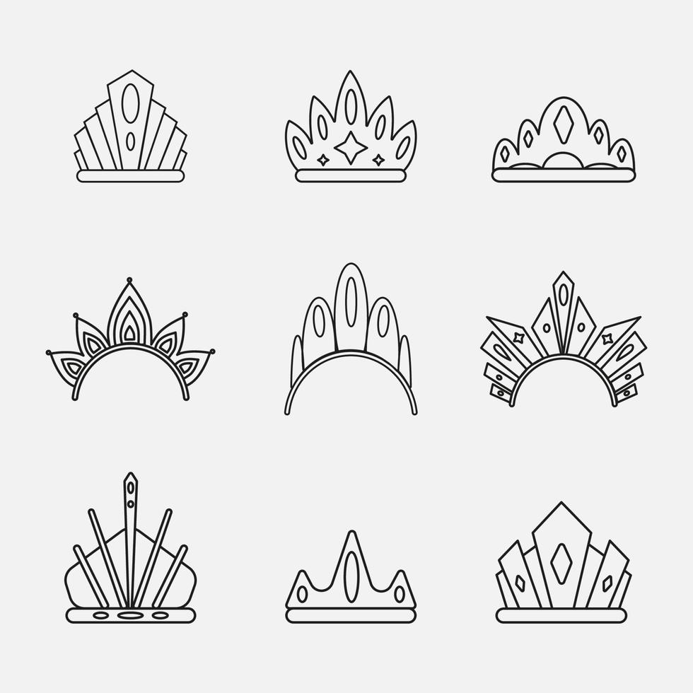 conjunto de iconos de arte de línea de corona de rey y reina vector