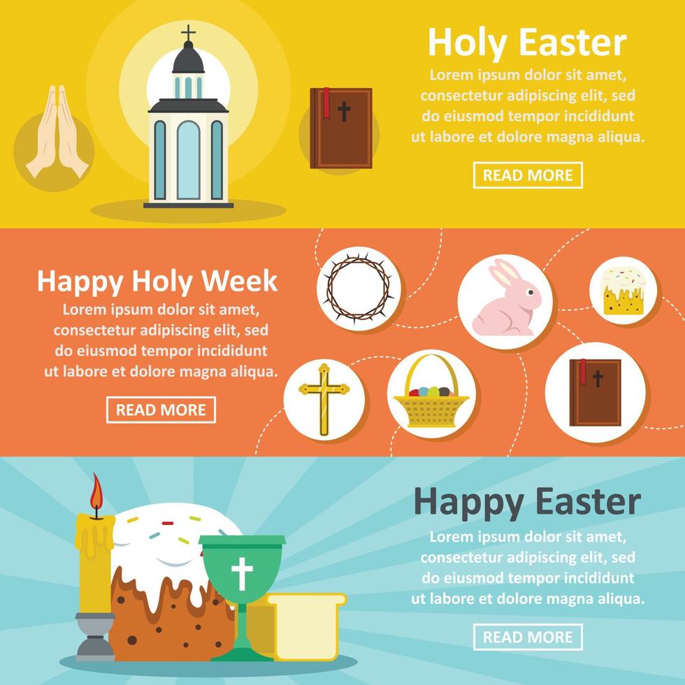 Holy Easter banner horizontal set, flat style vector