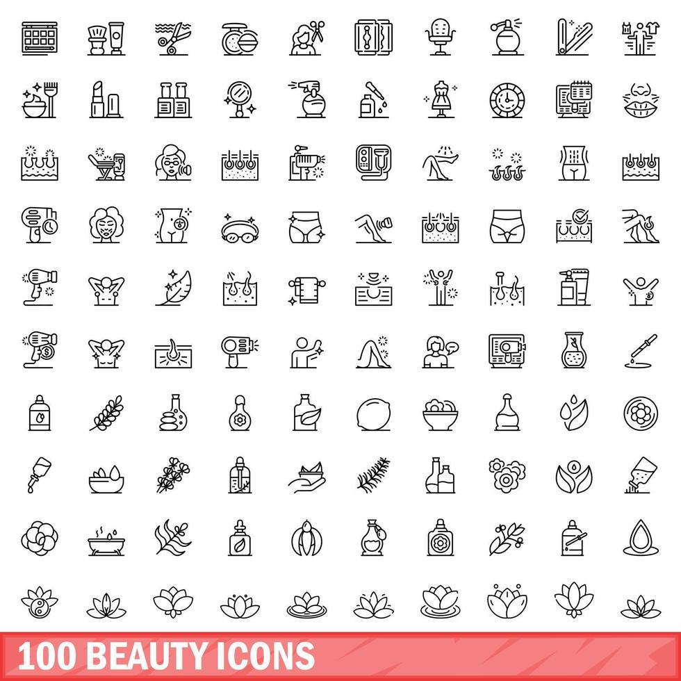 100 beauty icons set, outline style vector