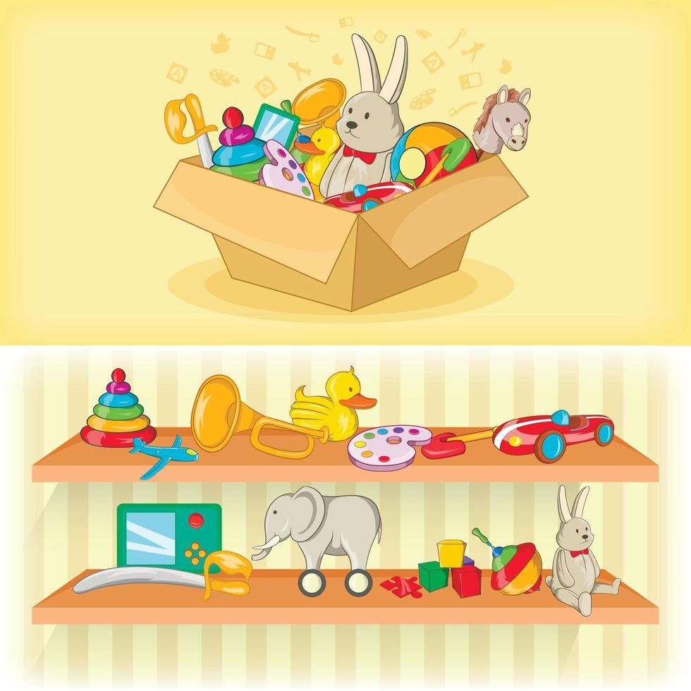 juguetes para bebés banner horizontal, estilo de dibujos animados vector