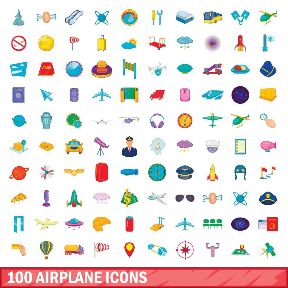 100 airplane icons set, cartoon style vector