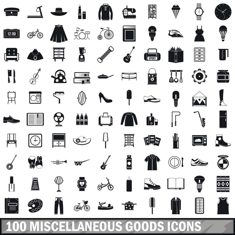 100 miscellaneous goods icons set, simple style vector