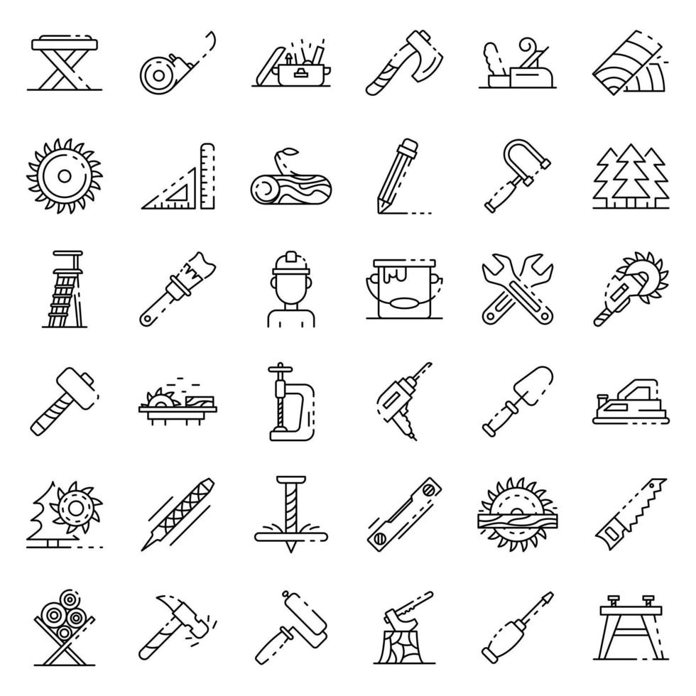 Carpenter icons set, outline style vector