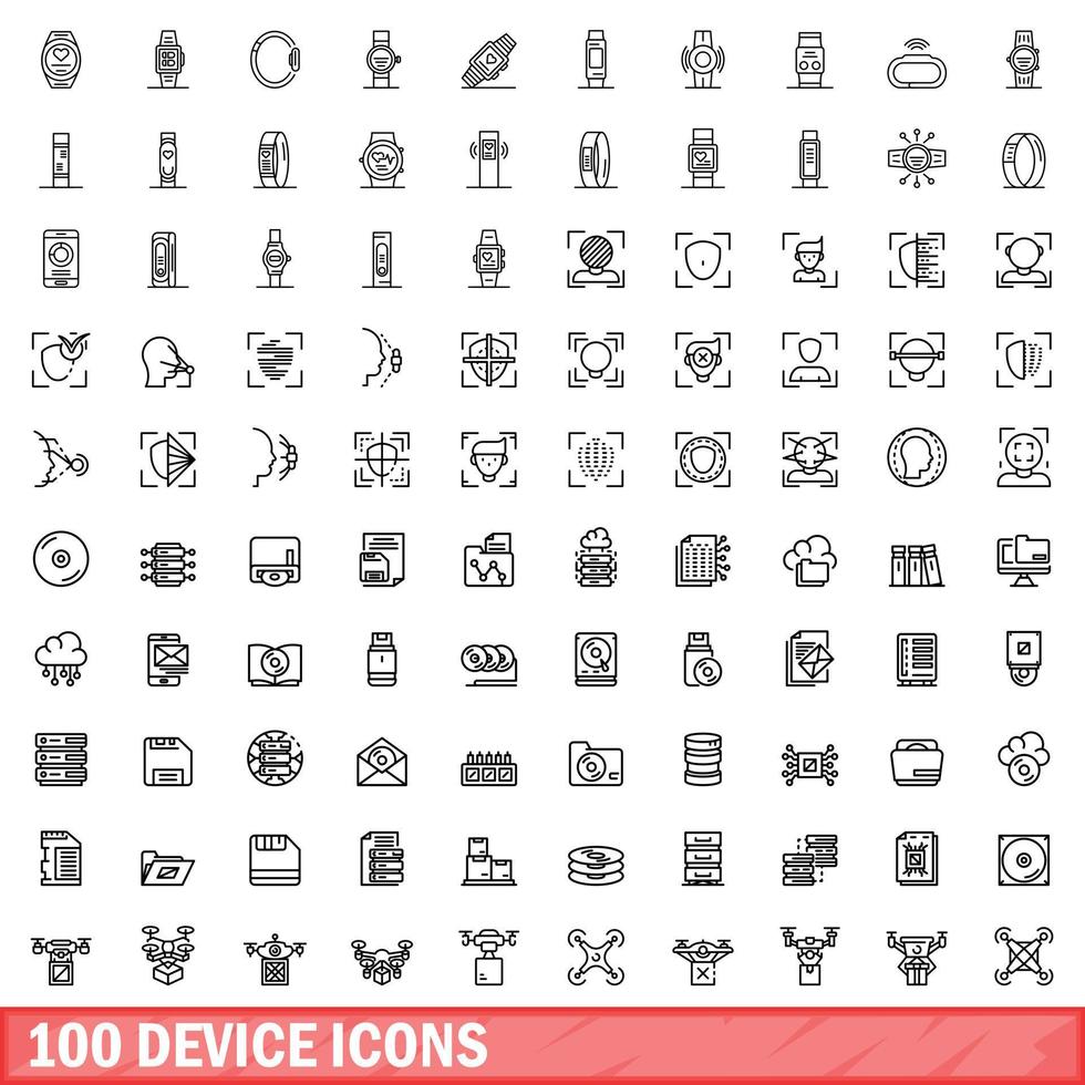 100 device icons set, outline style vector