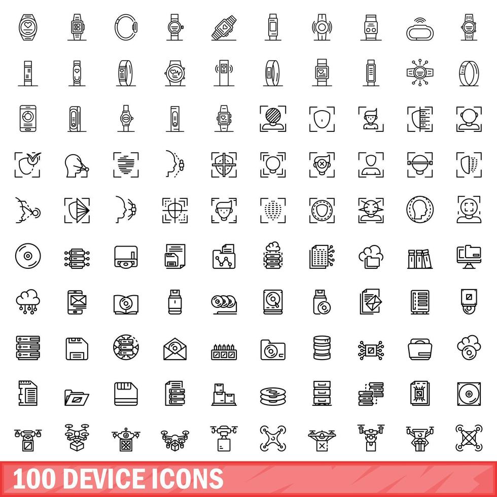 100 iconos de dispositivos establecidos, estilo de esquema vector