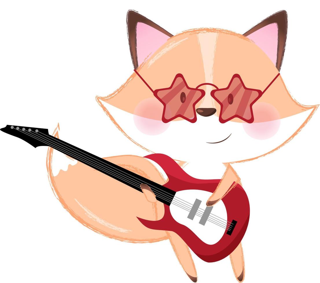 Cute ginger fox playing at the red guitar vector