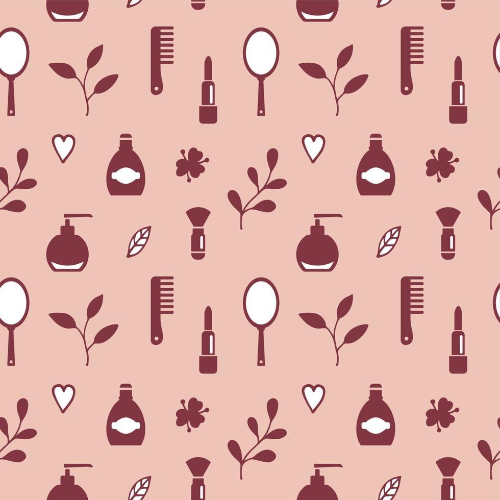 Seamless texture from cosmetics icons and floral elements, pattern, abstract background, wallpaper vector