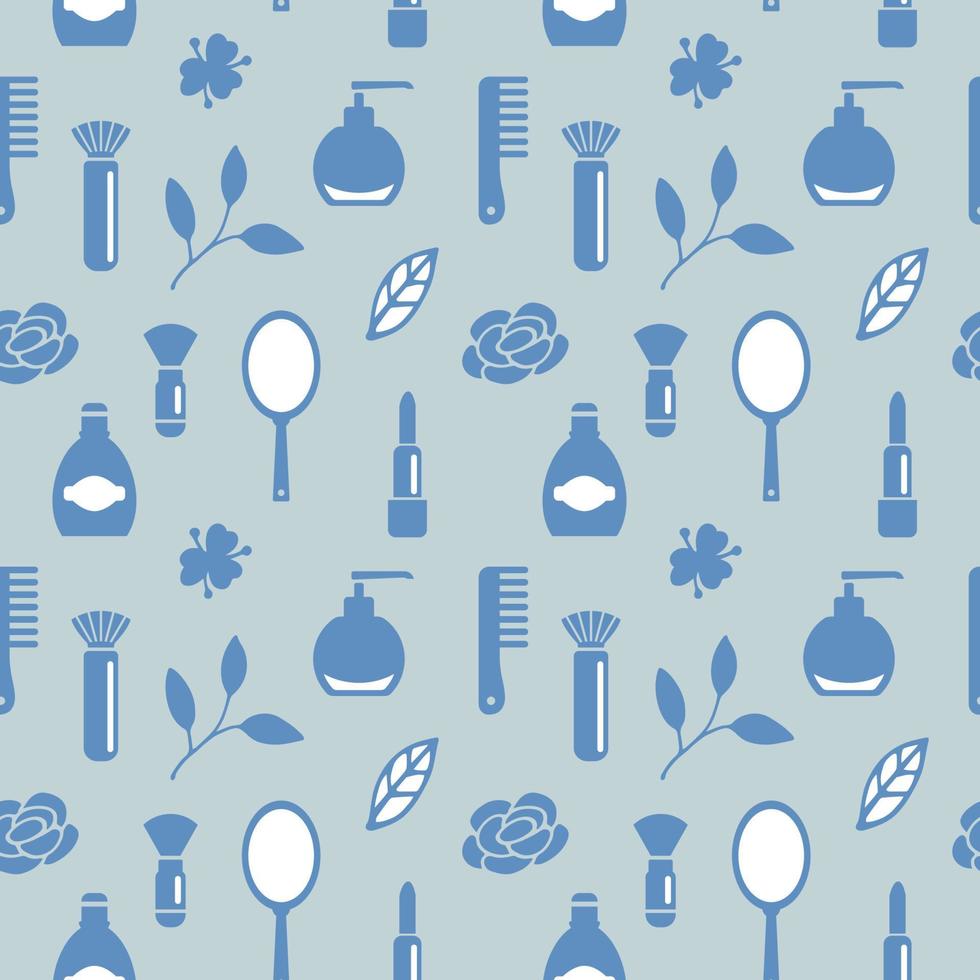 Seamless texture from cosmetics icons and floral elements, pattern, abstract background, wallpaper vector