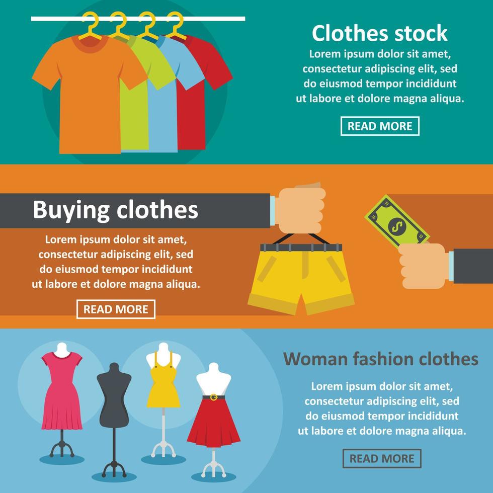 Clothes fashion banner horizontal set, flat style vector