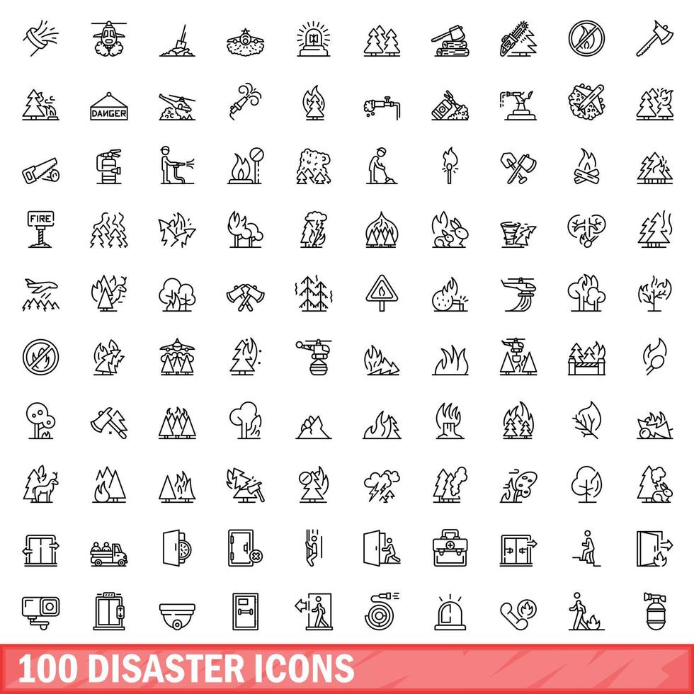 100 iconos de desastres establecidos, estilo de esquema vector