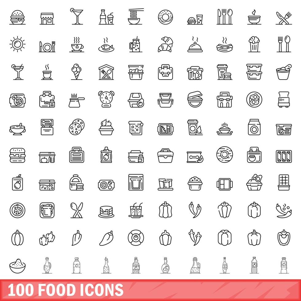 100 food icons set, outline style vector