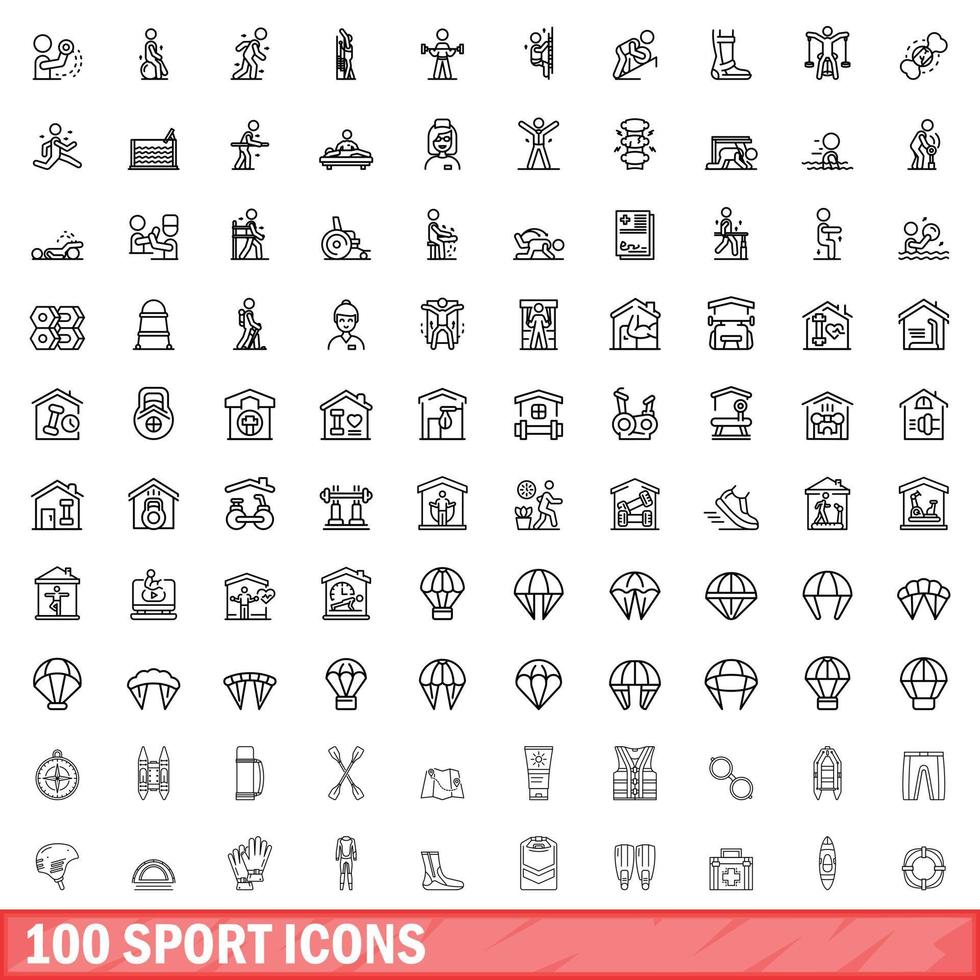 100 sport icons set, outline style vector