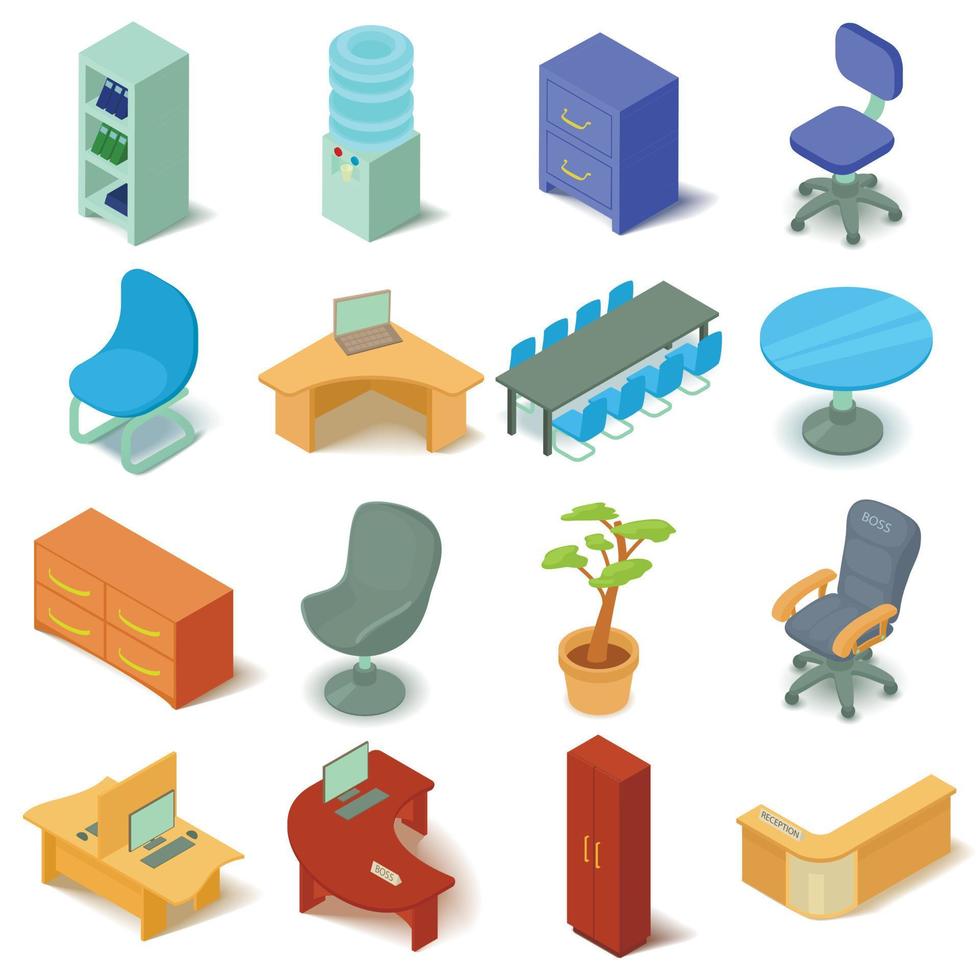 Office furniture icons set, isometric style vector