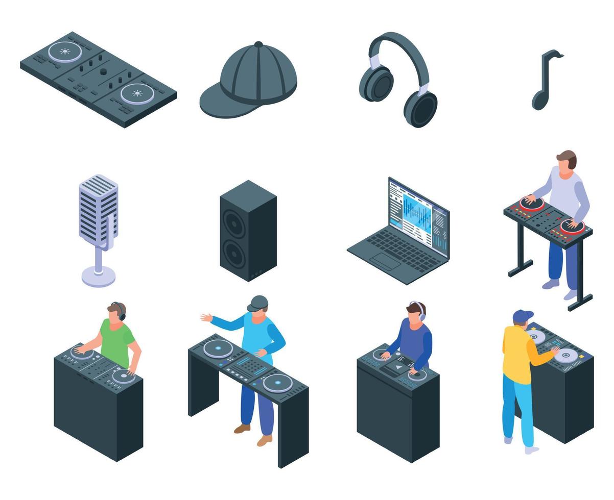 Dj icons set, isometric style vector