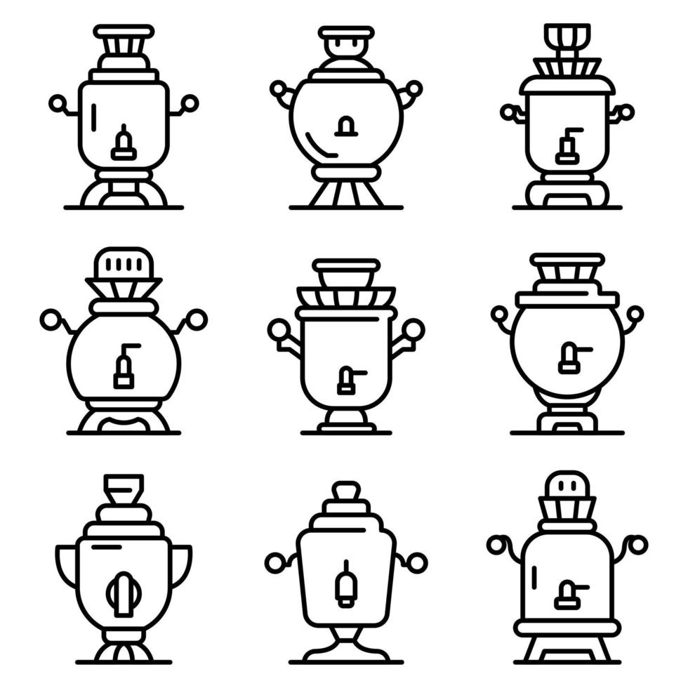 Samovar icons set, outline style vector