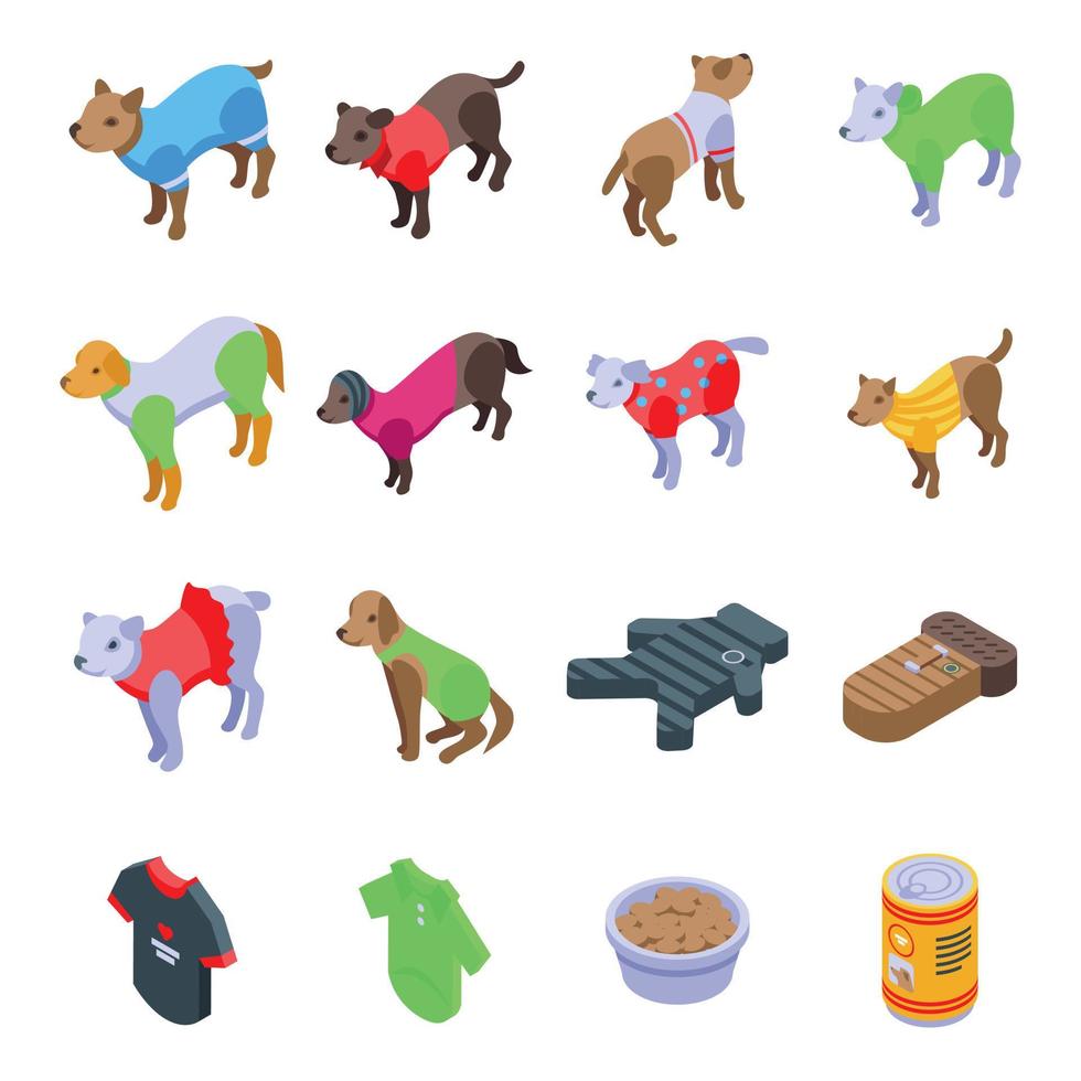 Dog clothes icons set, isometric style vector