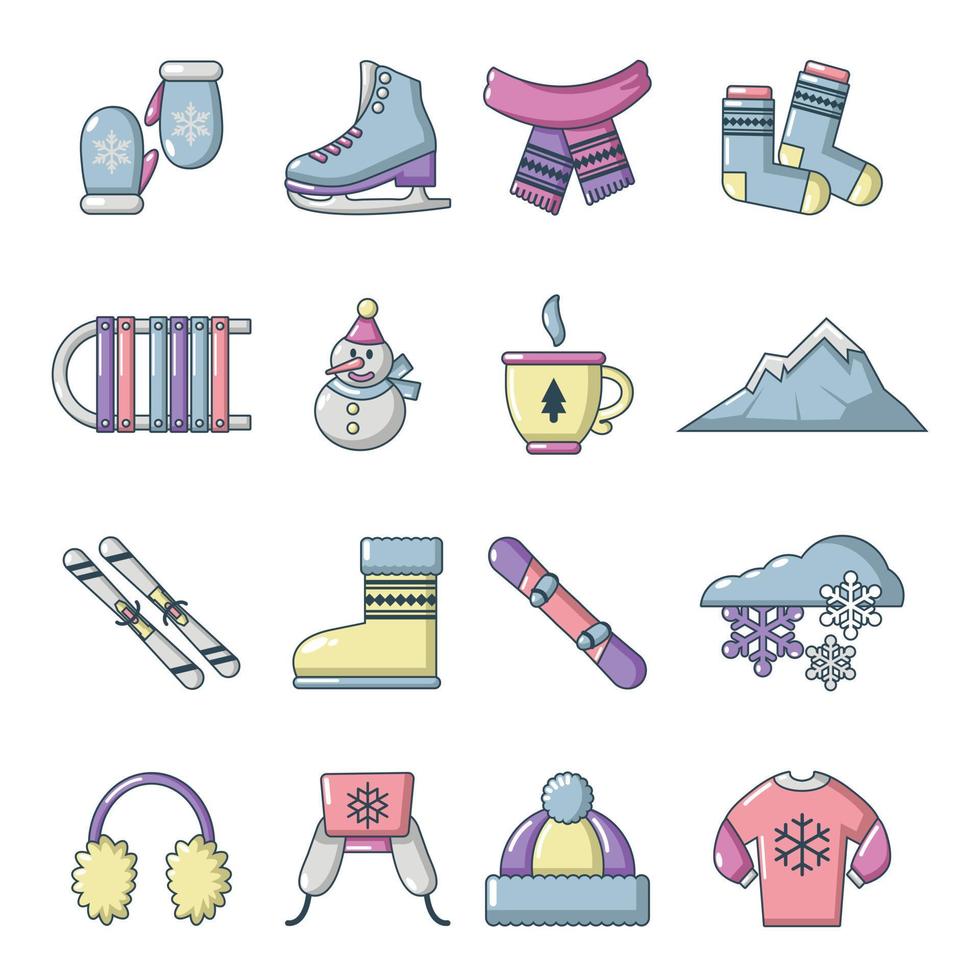 Winter clothes icons set, cartoon style vector