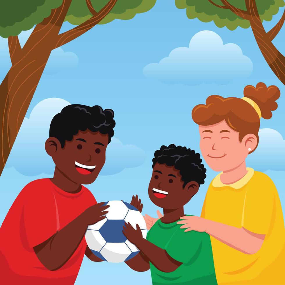 familia interracial a punto de jugar al fútbol vector