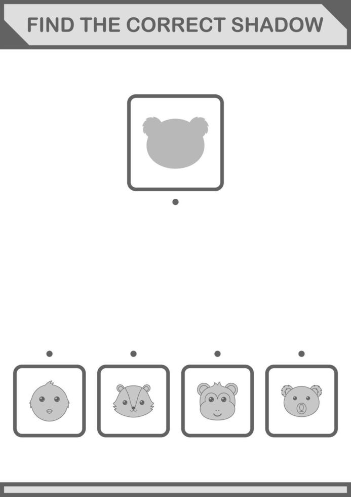 Find the correct shadow Koala face. Worksheet for kids vector