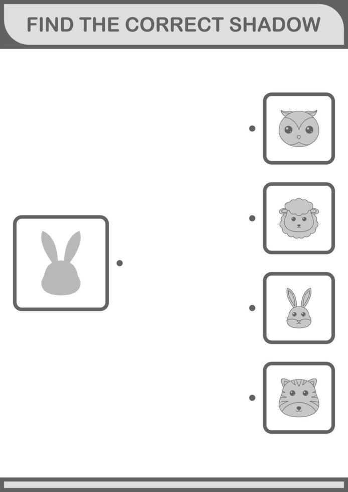 Find the correct shadow Rabbit face. Worksheet for kids vector