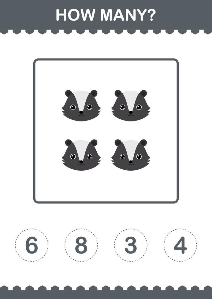 How Many Skunk face. Worksheet for kids vector