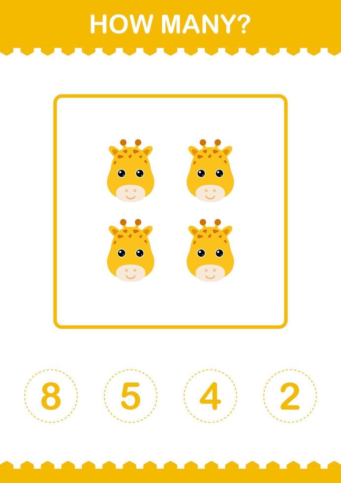 How Many Giraffe face. Worksheet for kids vector