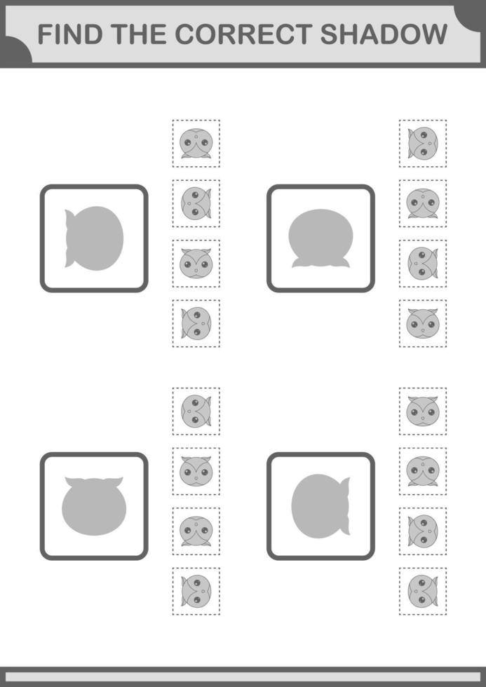 Find the correct shadow Owl face. Worksheet for kids vector