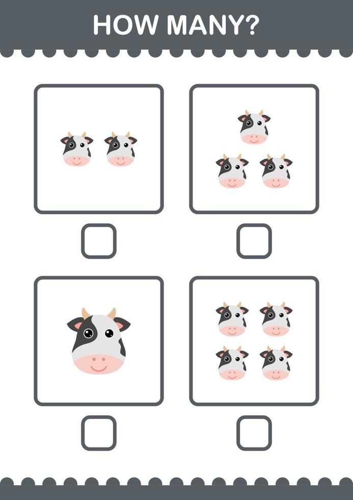 How Many Cow face. Worksheet for kids vector